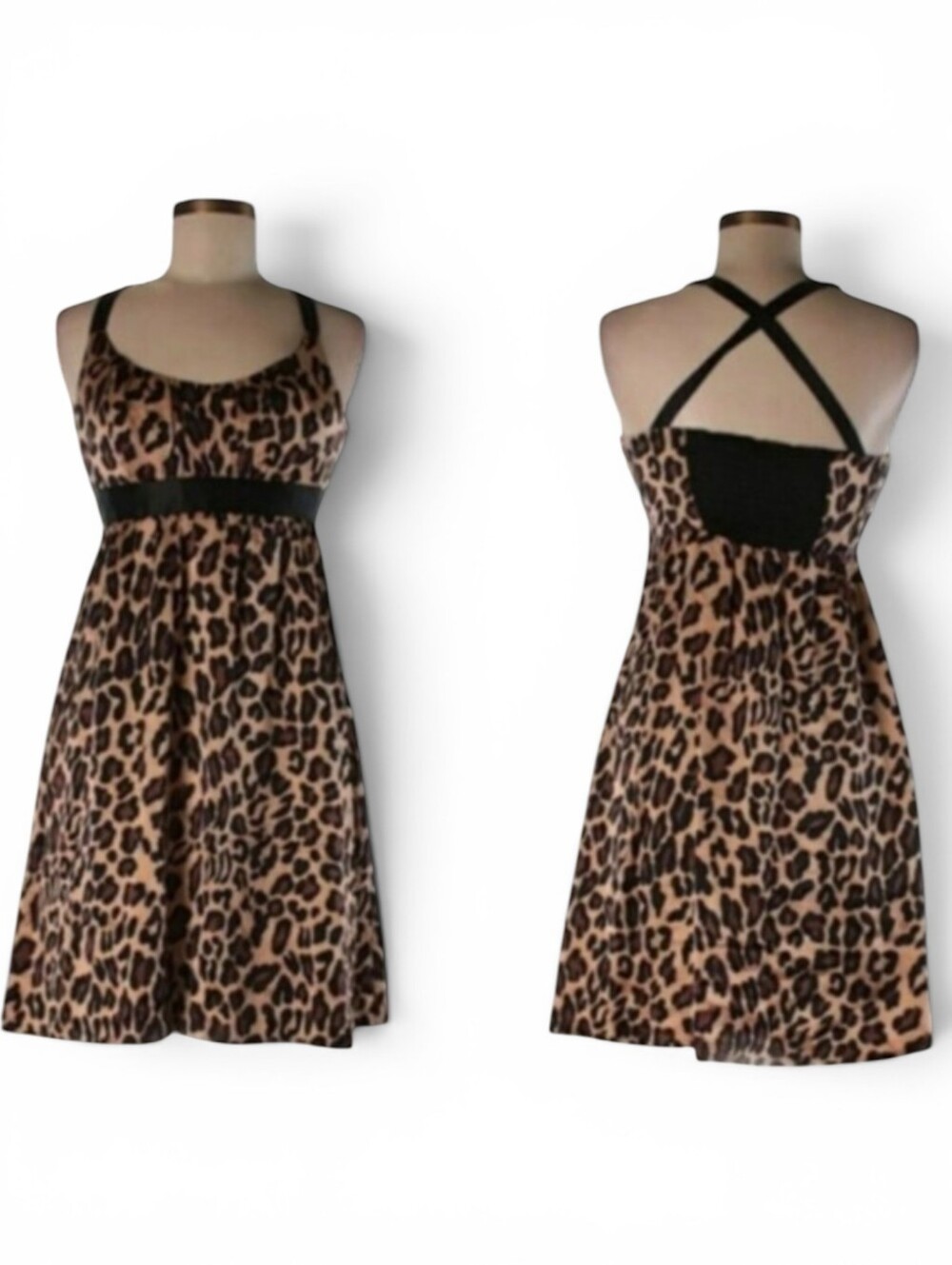 Animal Print 100% Silk Brown Black Babydoll Criss Cross Back Mini Dress Sz 4